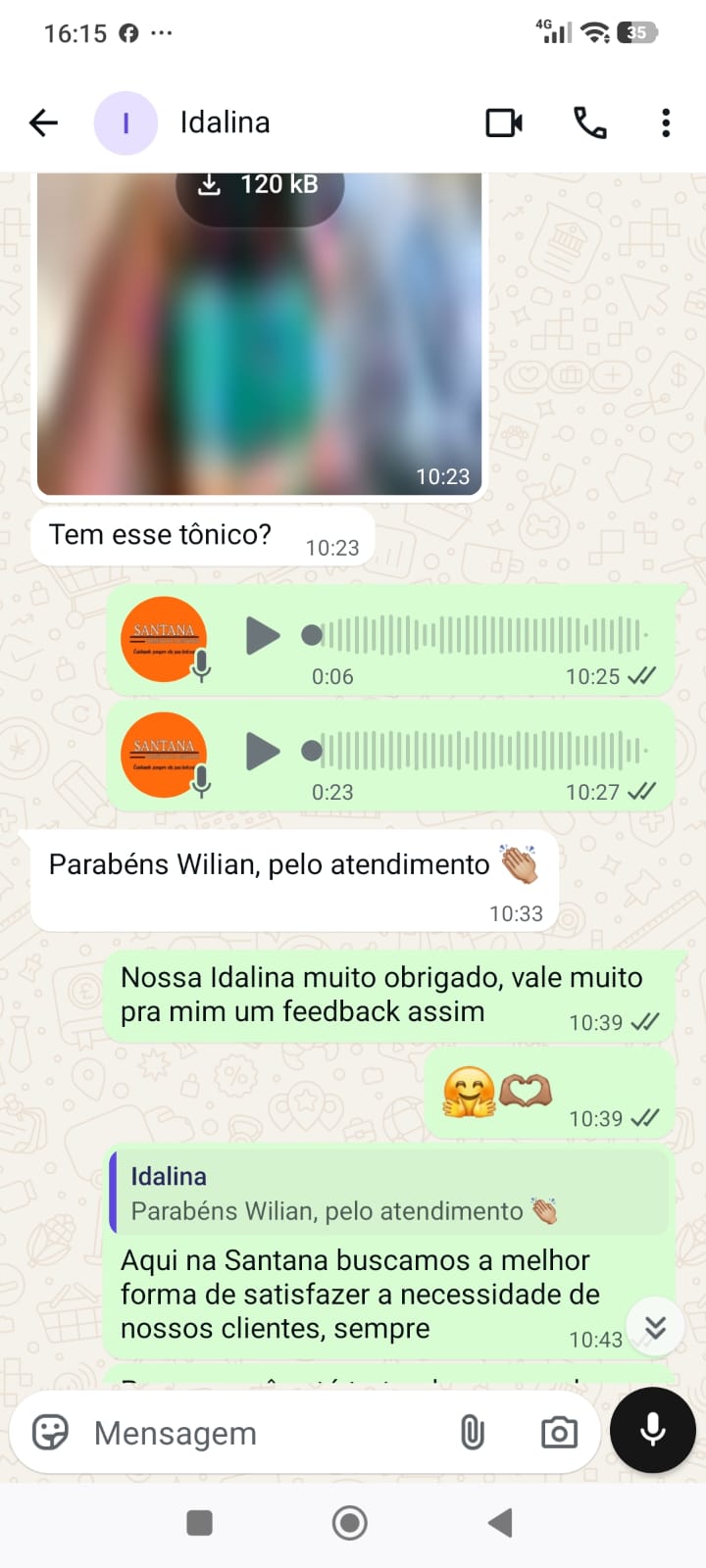 Print de conversa real de cliente Santanna pelo WhatsApp